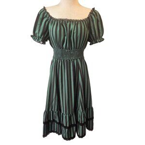 Scarlet Darkness Green Stripe Smock Waist Dress Sz M Off Shoulder Black Lace